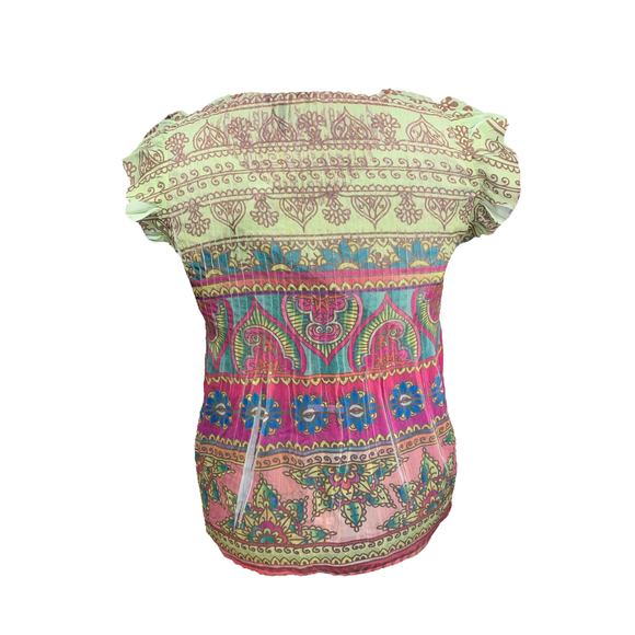 Women's One World semi-sheer blouse, sz L, green, pink, sequin, flutter sleeve - Picture 6 of 7